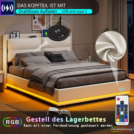 Pergar – Lit coffre 140x200 avec sommier – Tissu velours beige – Dossier moelleux – Recharge sans fil avec ports USB et Type-C – LED réglable — photo 4