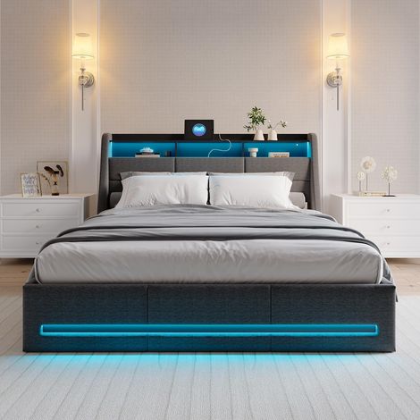 Eifson – Lit coffre double 160x200 cm – Éclairage LED orientable – Rangement hydraulique – Chargement USB – Structure métal – Lin gris — photo 4