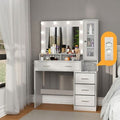 Coiffeuse avec miroir et 10 ampoules LED – Station de charge intégrée – Luminosité réglable – Dimensions 101x40x143 cm – 5 tiroirs, 1 armoire – Blanc — photo 1