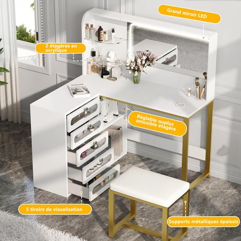Coiffeuse avec miroir led, Coiffeuse avec Miroir et Tabouret – Design Blanc en L, Parfaite pour Votre Coin Beauté — photo 4