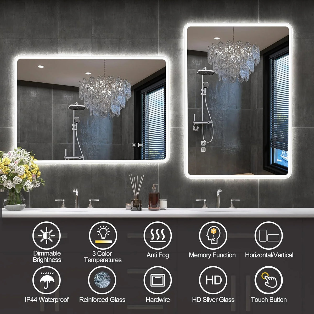 2026 Miroir de salle de bain S'bagno avec éclairage 1200 x 700 mm, IP44, LED, Bluetooth, antibuée, 3 couleurs de lumière (3 0