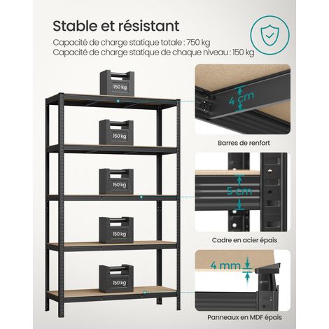 Songmics – Lot de 2 rayonnages étagère charge lourde 5 niveaux – Capacité 750 kg – Dimensions 60 x 120 x 200 cm – Structure en acier antirouille — photo 3