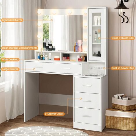 Coiffeuse avec miroir et 10 ampoules LED – Station de charge intégrée – Luminosité réglable – Dimensions 101x40x143 cm – 5 tiroirs, 1 armoire – Blanc — photo 4