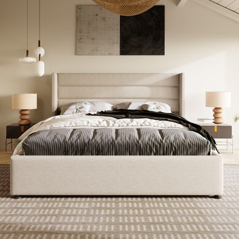 Lit coffre 160 x 200 cm,lit 160 x 200 avec sommier,lit double capitonné avec rangement,lit 2 personnes avec sommier à lattes en bois,lit double en lin beige — photo 2