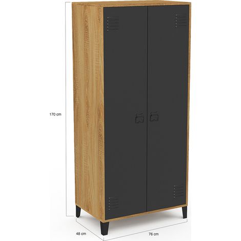 Idmarket – Armoire vestiaire penderie 2 portes métal noir – Contour bois – Longueur 76 cm – Hauteur 170 cm – Design industriel — photo 5