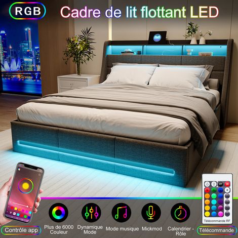 Sureh – Lit coffre 140 x 190 cm – Rangement hydraulique – Tête de lit avec étagères – Ports USB intégrés – Lin gris — photo 4