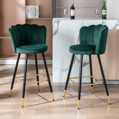 Wahson Lot de 2 tabourets de bar en velours vert – Hauteur d'assise 66 cm – Pieds en métal noir – Design moderne pour cuisine et bar — photo 1
