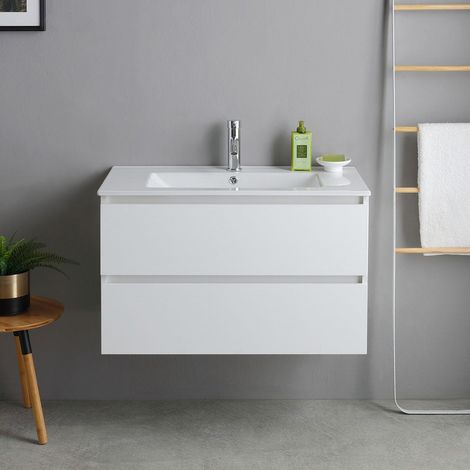 Kiamami Valentina – Meuble de salle de bains suspendu 80cm blanc export avec lavabo en céramique – 2 tiroirs avec fermeture amortie – Design moderne — photo 2