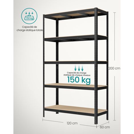Songmics – Lot de 2 rayonnages étagère charge lourde 5 niveaux – Capacité 750 kg – Dimensions 60 x 120 x 200 cm – Structure en acier antirouille — photo 5