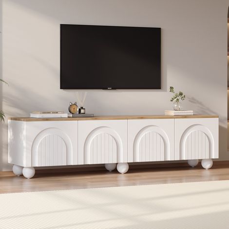 Meuble TV Blanc et bois 180x40x45 cm avec 4 portes cintrées,6 pieds en métal à boule,buffet bas et table TV Moderne — photo 1