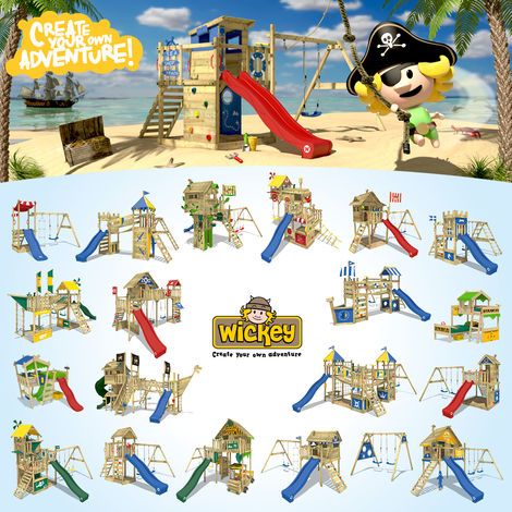 Aire de jeux WICKEY MultiFlyer - Toit en bois - Balançoire - Toboggan - Maison enfant extérieur - Bac à sable - Échelle d'escalade - Accessoires de jeux - Bleu