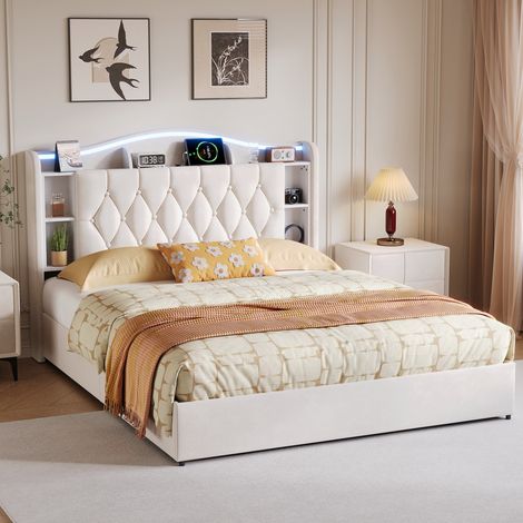 Lit Coffre 160x200 cm, Lit Double 160x200 cm en Velours, avec Sommier à Lattes, Tête de Lit LED Lumineuse, Rangement Ouvert, Ports USB et Type-C - Beige — photo 4
