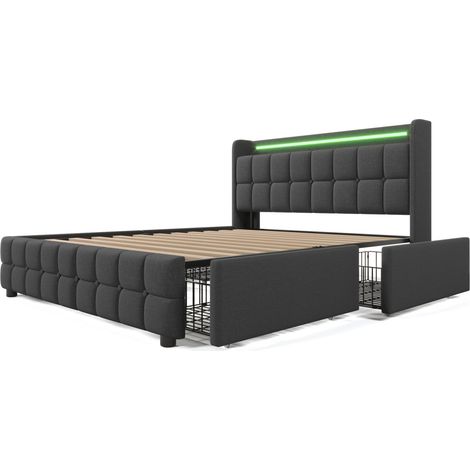 Lit double capitonné 160x200 cm, avec 4 tiroirs, éclairage LED, ports et prises USB, sommier à lattes, linge, lit queen size - Gris — photo 5