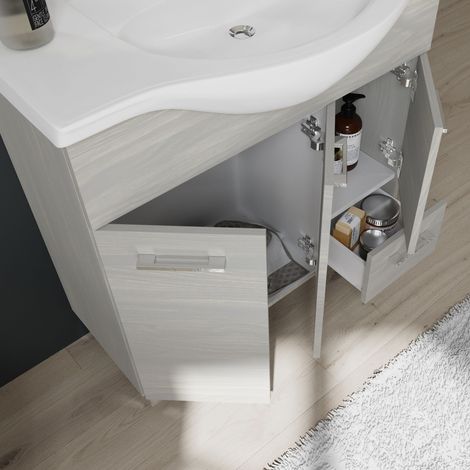 Kiamami Valentina – Meuble de salle de bains 85 cm – Lavabo céramique central – 3 portes et 1 tiroir – Finition chêne gris avec pieds chromés — photo 3