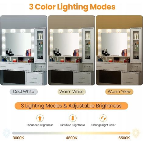 Coiffeuse avec miroir et 10 ampoules LED – Station de charge intégrée – Luminosité réglable – Dimensions 101x40x143 cm – 5 tiroirs, 1 armoire – Blanc — photo 2