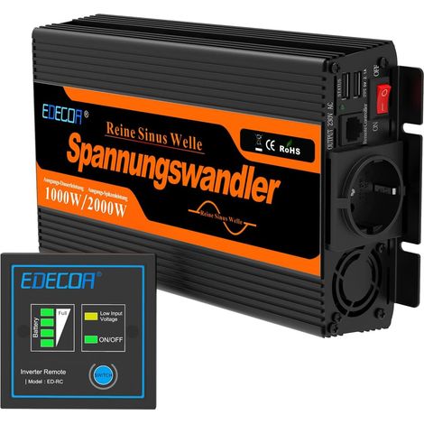 Edecoa – Convertisseur de tension 12V 1000W – Onduleur sinusoïdal pur avec télécommande – 2 ports USB 5V 2.1A – Protection survoltage et surchauffe — photo 1
