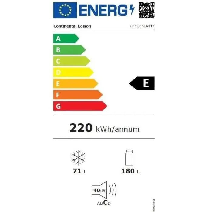 2026 Réfrigérateur congélateur bas CONTINENTAL EDISON - 251L -Total No Frost - Inox - L 55 cm x H 180 cm