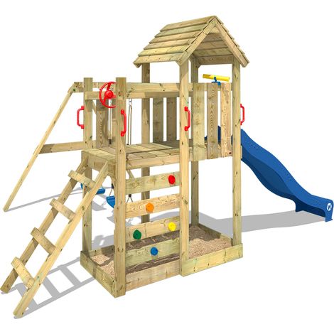 Aire de jeux WICKEY MultiFlyer - Toit en bois - Balançoire - Toboggan - Maison enfant extérieur - Bac à sable - Échelle d'escalade - Accessoires de jeux - Bleu — photo 6