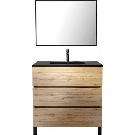 meuble salle de bains 80cm décor chene naturel 3 tiroirs - vasque noire et miroir - timber — photo 3