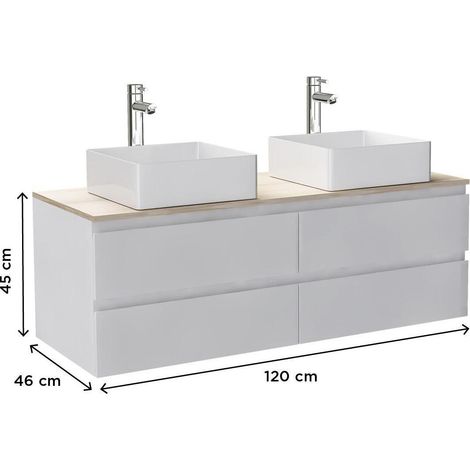 Mob-In – Meuble sous vasque double suspendu 120 cm – Plan effet bois résistant à l'eau – 4 tiroirs de rangement – Charnières à fermeture progressive — photo 3