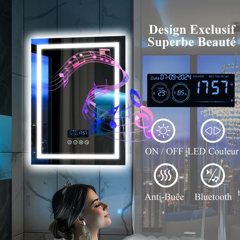 Luvodi – Miroir salle de bain LED Bluetooth 70×90 cm – Rectangulaire anti-buée – 3 couleurs de lumière – Affichage heure et température – IP56 — photo 3