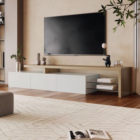 Meuble tv, Meuble tele, Meuble TV Moderne – Meuble Télé Élégant avec Design en Bois, Finition Blanc Brillant, Étagères en Verre et LED, Espace de Rangement Pratique — photo 4