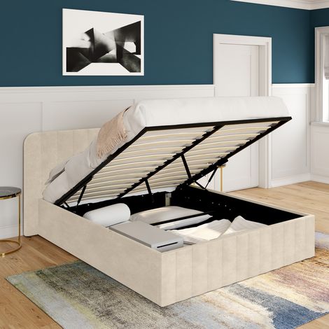 Idmarket – Lit coffre double 140 x 190 cm – Tête de lit capitonnée velours beige – Sommier métal 24 lattes – Grand coffre de rangement — photo 2