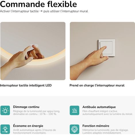 EMKE Miroir salle de bain rond avec éclairage avec Interrupteur tactile, Anti-buée, 3 Couleurs de lumière, Dimmable, Fonction mémoire, 80cm diamètre — photo 5