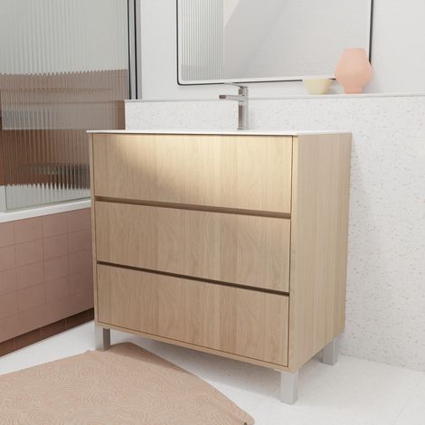 pack meuble salle de bains 80 cm chêne clair, 3 tiroirs avec vasque céramique - xenos — photo 1