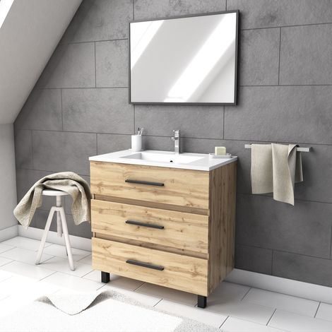 meuble de salle de bain 80 cm - chêne industriel - 3 tiroirs - vasque et miroir — photo 5