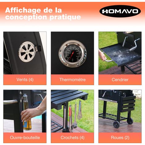 HOMAVO Barbecue Charbon de Bois, Surface de Cuisson: 56×42,5 cm, Bac à Charbon Réglable en Hauteur, Table Latérale Pliante, Thermomètre, Housse Barbecue Incluses — photo 4