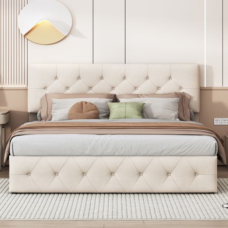 Dans Les Nuages – Lit coffre 160x200 cm – Rangement pratique avec mécanisme à vérin à gaz – Cadre en métal et sommier à lattes en bois – Velours beige capitonné — photo 3