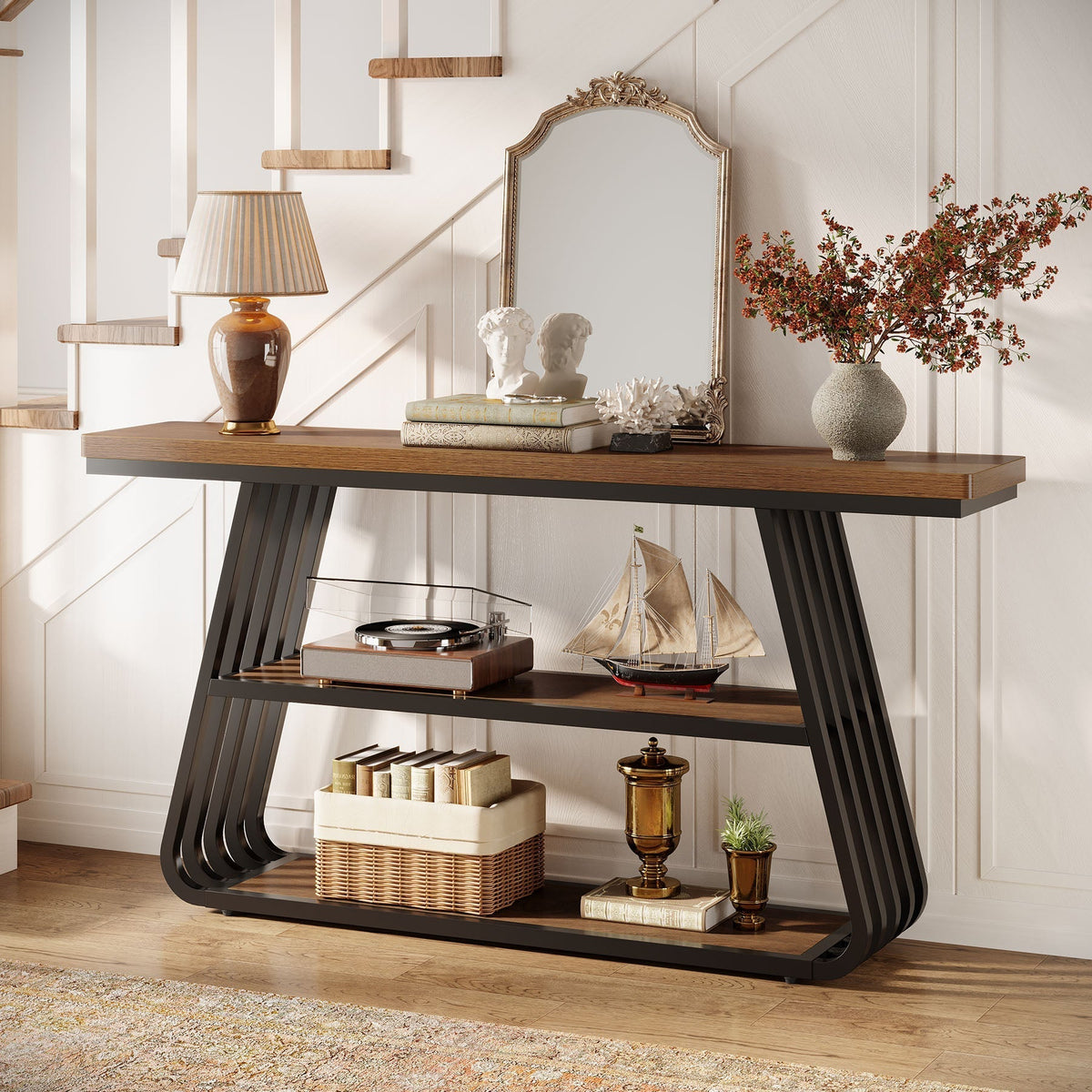 Tribesigns Console de 140 cm, Table basse à 3 niveaux avec structure en fer pour le salon