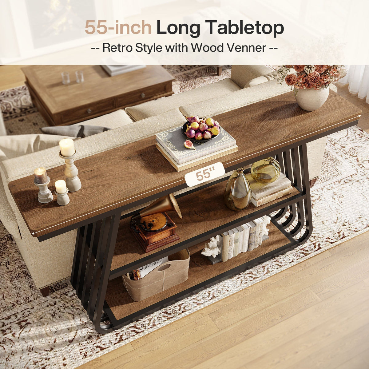 Tribesigns Console de 140 cm, Table basse à 3 niveaux avec structure en fer pour le salon