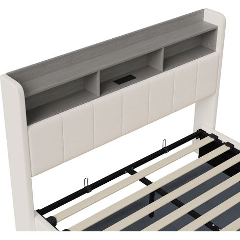Lit coffre 140x190,lit 140x190 avec sommier, Velours blanc - USB intégré - LED - 3 compartiments de rangement — photo 5