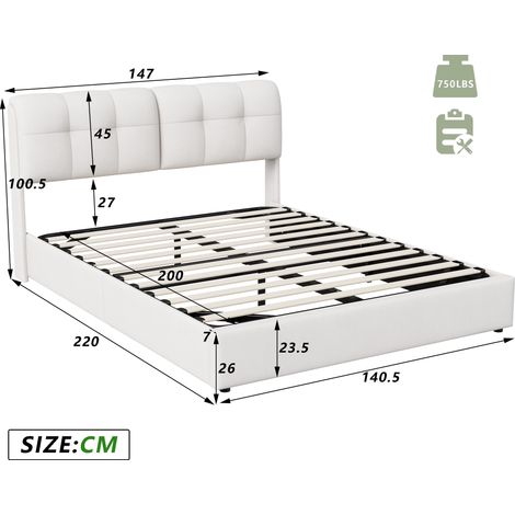 Dans Les Nuages – Lit coffre 140x200 cm avec rangement – Tête de lit LED et USB – Sommier à lattes en bois – Cadre métal capitonné velours beige — photo 4