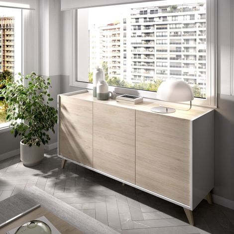 Abitare – Buffet 155 cm blanc mat et chêne naturel – 3 portes avec étagères internes – Design nordique pour rangement élégant — photo 5