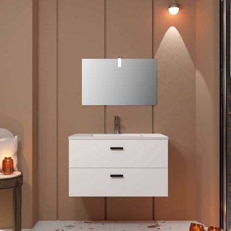meuble salle de bains 80 cm 2 tiroirs blanc avec vasque blanche, miroir et applique led - box led — photo 1