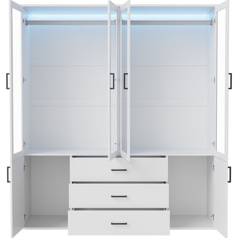 Armoire 160x51.8x182 cm avec 4 portes transparentes, 3 tiroirs， penderie - éclairage d'ambiance réglable - moderne，verre et bois - blanc — photo 4