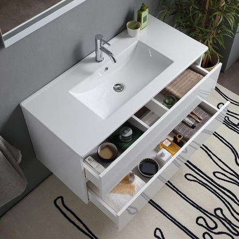 Kiamami Valentina – Meuble de salle de bain suspendu 100cm – Double tiroir blanc brillant – Lavabo en céramique intégré – Miroir avec lampe 100x60 — photo 5