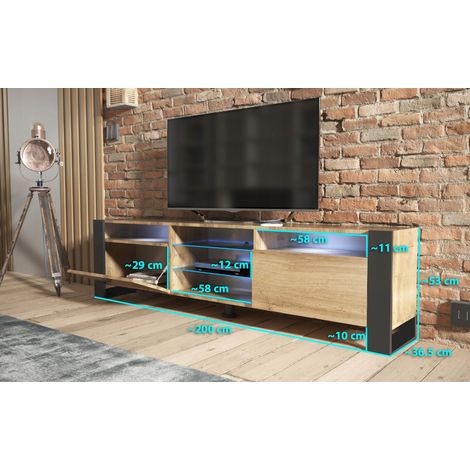 Dusine – Meuble TV 200 cm avec éclairage LED – Chêne mat et porte chêne – Style industriel – Rangement avec niches et étagères vitrées — photo 3