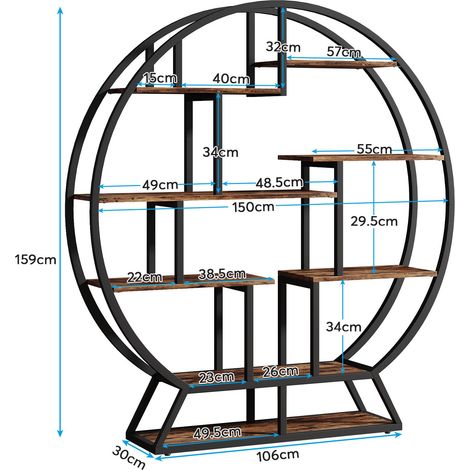 Tribesigns – Bibliothèque ronde industrielle 5 niveaux – 14 étagères – 150 x 30 x 160 cm – Marron rustique – Construction en panneaux de particules et acier — photo 2