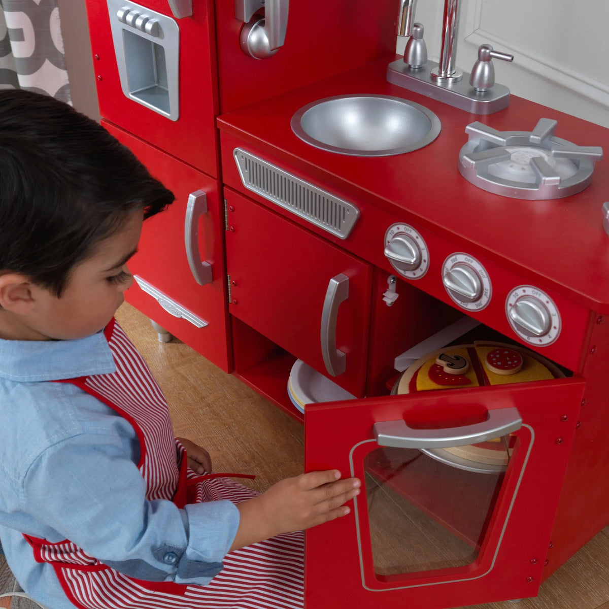 2026 Cuisine enfant en bois rouge vintage KidKraft avec téléphone jouet