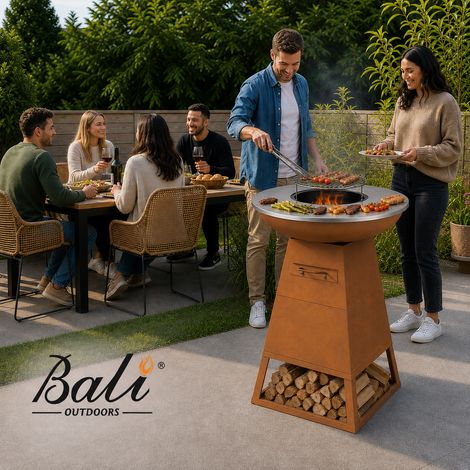 BALI OUTDOORS Braséro Plancha 3 en 1 Ø58,5 cm, barbecue extérieur au bois et charbon, plancha inox, grille barbecue, bac à cendres amovible, finition rouille — photo 5