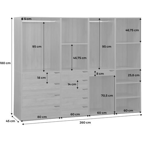 Sweeek – Kit dressing modulable 4 éléments – 2 tiroirs, 2 étagères, penderie acier inoxydable – Dimensions L 260 x P 45 x H 180cm — photo 3