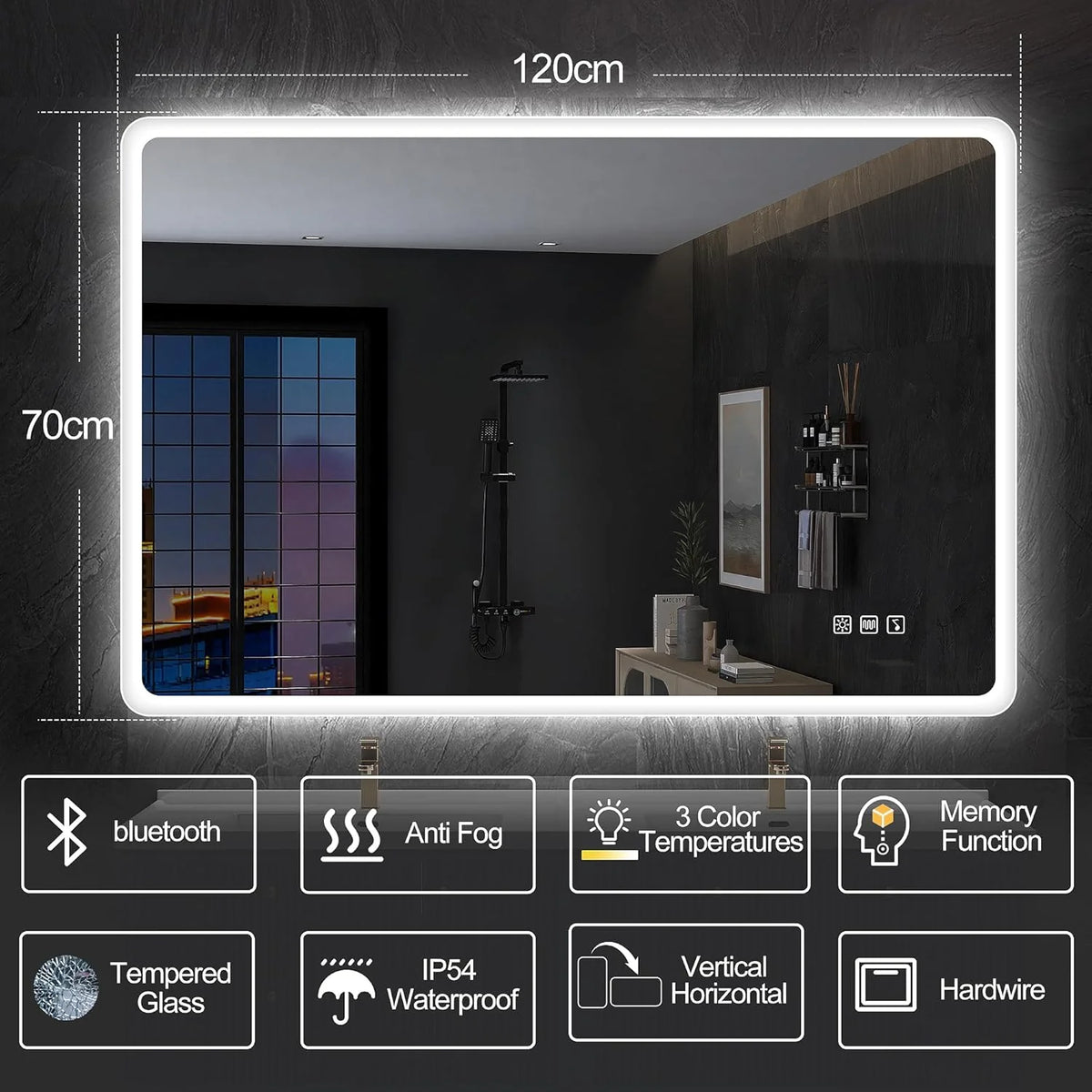 2026 Miroir de salle de bain S'bagno avec éclairage 1200 x 700 mm, IP44, LED, Bluetooth, antibuée, 3 couleurs de lumière (3 0