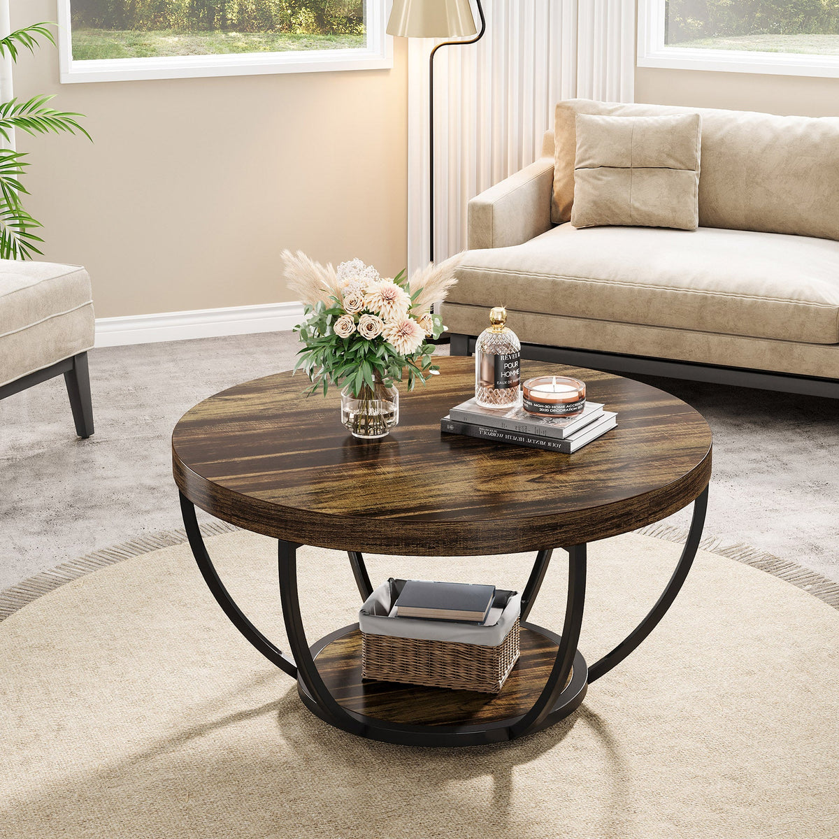 Tribesigns Table basse ronde, Table basse ovale en bois et metal noir