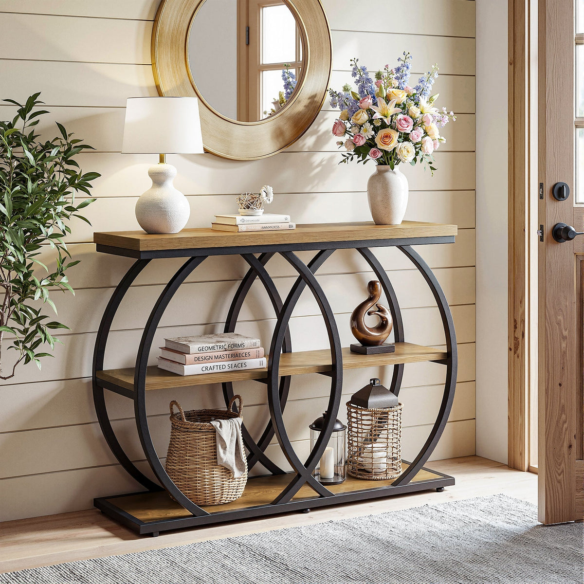 Tribesigns Console industrielle de 105 cm, Table d'appoint à 3 niveaux avec rangement