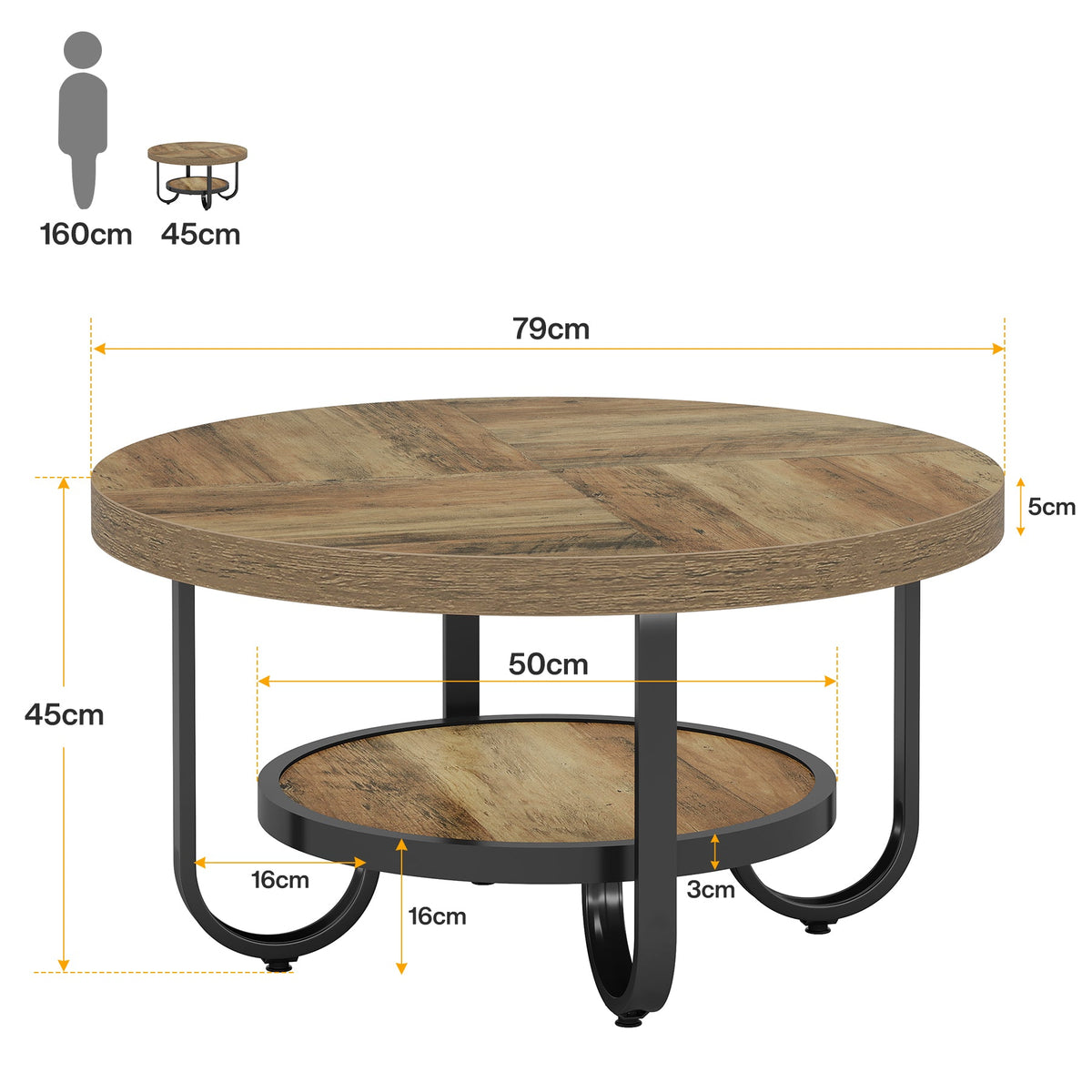 Table basse Tribesigns à deux niveaux, Table centrale de 79 cm avec étagère de rangement