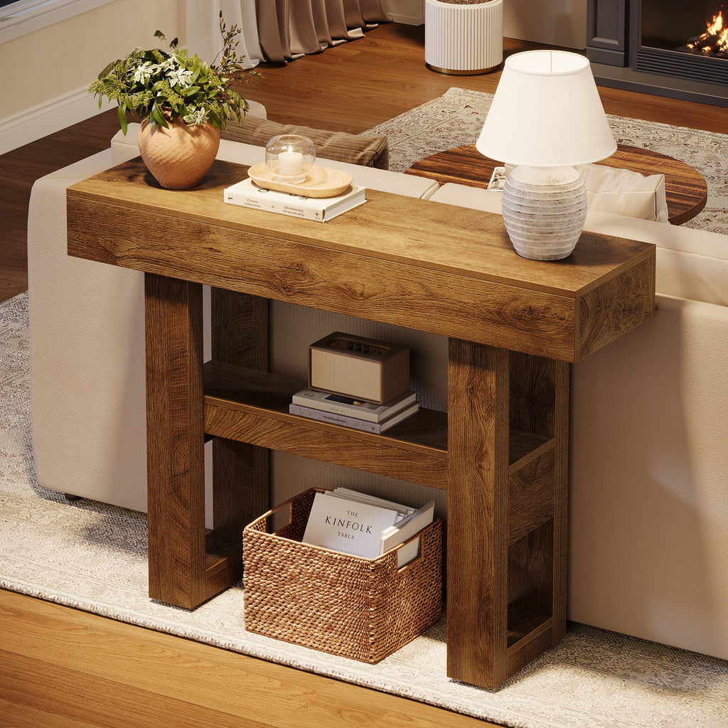 Tribesigns Farmhouse Table console étroite à 2 niveaux, Meuble d'entrée avec compartiments de rangement